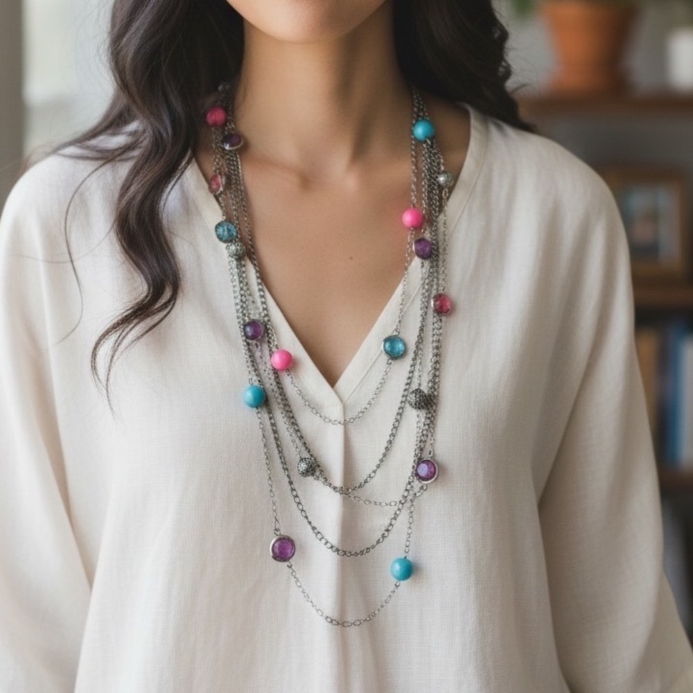 Boho Multi Strand‎ Layered Necklace Silver Tone Pink Blue Purple Beads Crystals